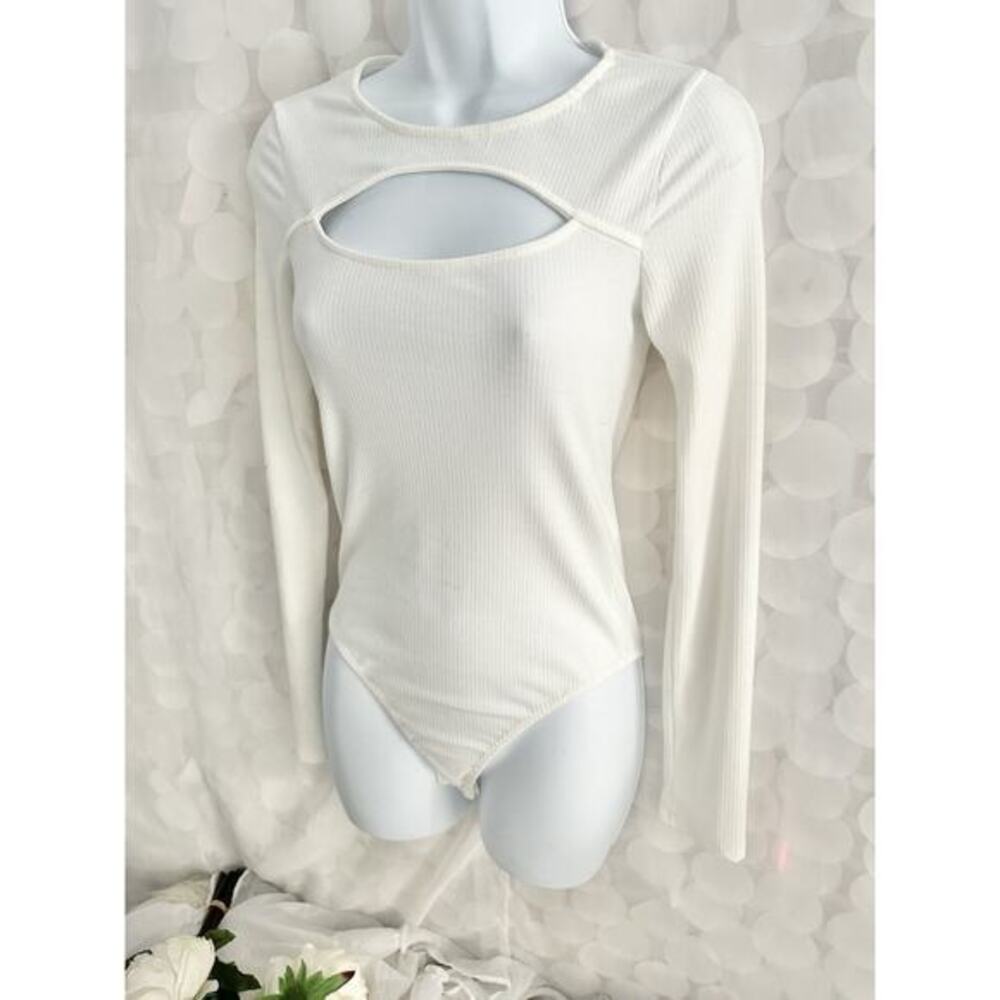 VICI small White Bodysuit CUTOUT Ribbed Sexy Long Sleeve Thong Snaps Clubwear